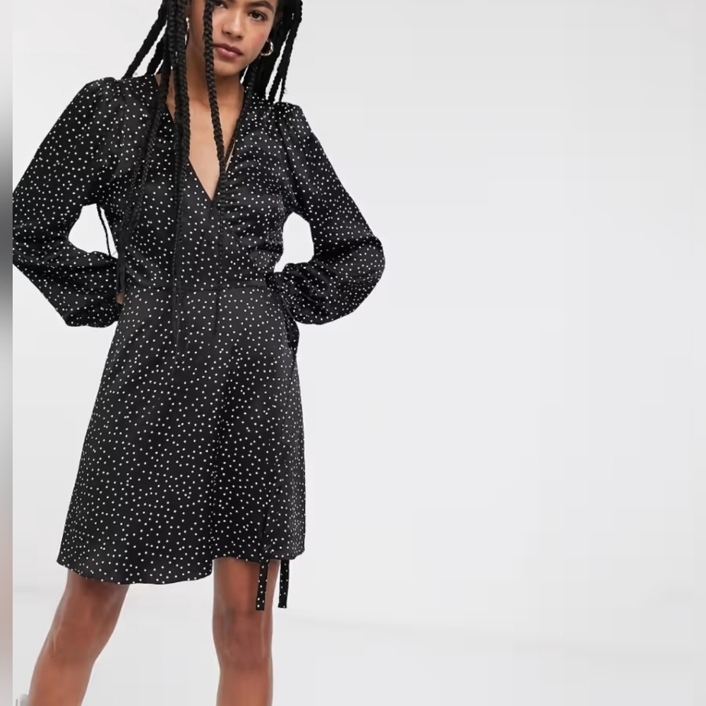 & Other Stories Black And Floeer Dotted Long Sleeve Wrap Dress - Size 4